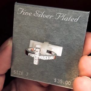 Size 7 silver plated cross ring clear crystals